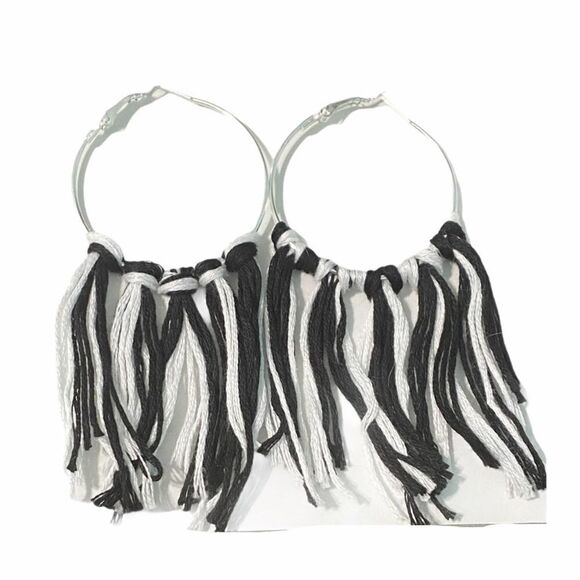 none Jewelry - Boho Fringe Tassel Hoop Statement Earrings Black White Silver Tone Big Festival